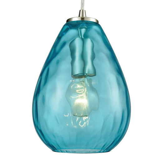 Lagoon 1 Light Pendant in Satin Nickel with Aqua Water Glass