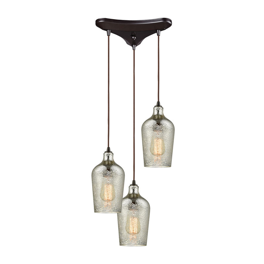 Hammered Glass 3 Light Triangle Pan Fixture in Oil Rubbed Bronze with Hammered Mercury Glass