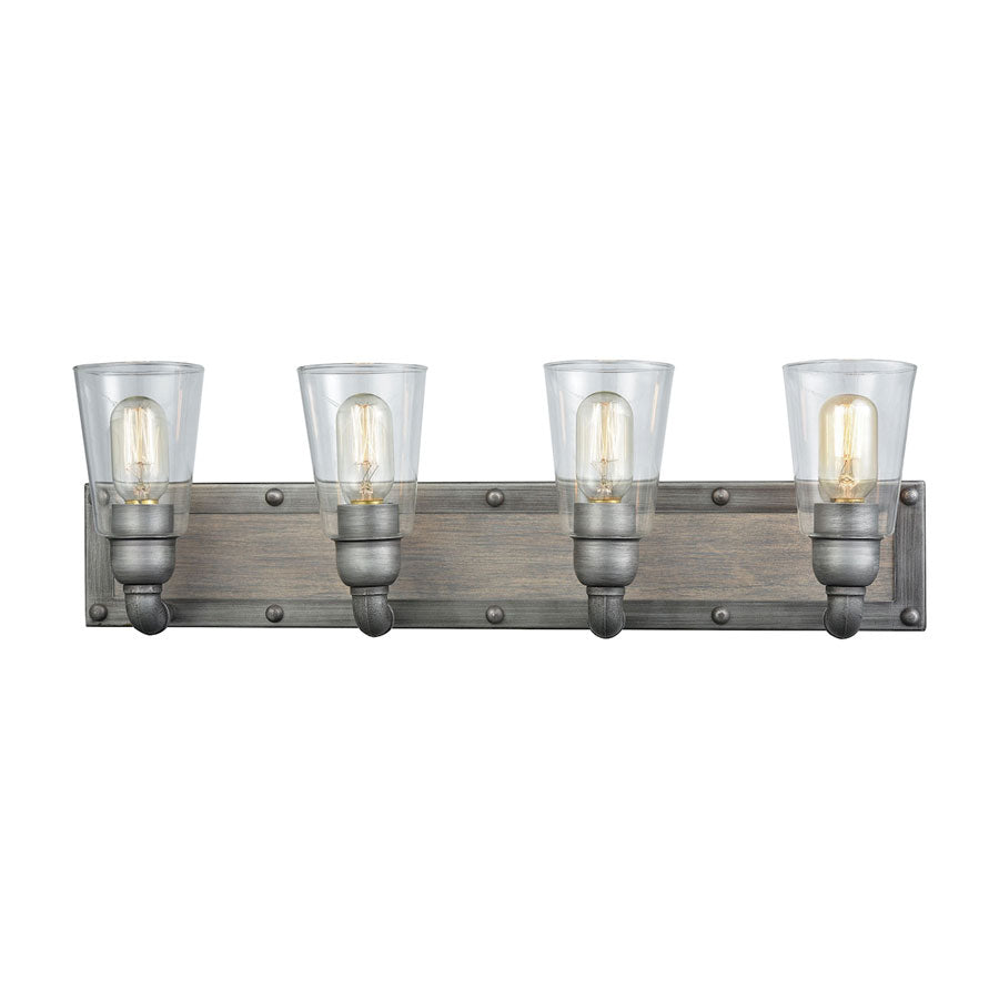 Platform 4 Light Vanity in Weathered Zinc with Washed Wood and Clear Glass