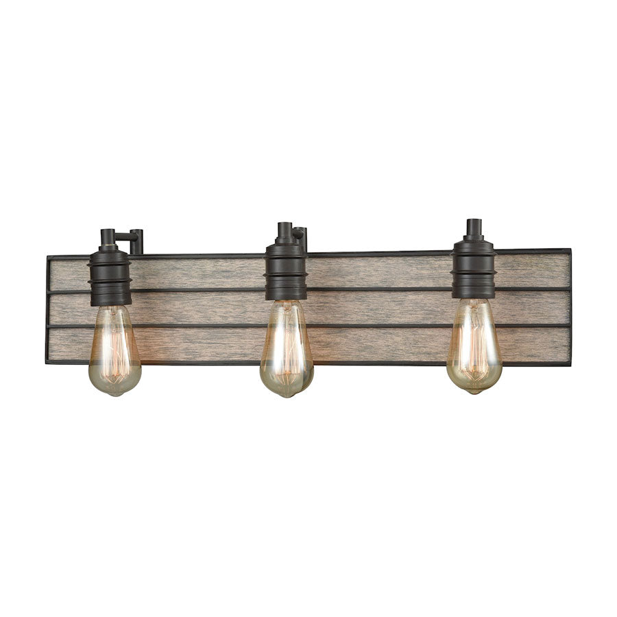 Brookweiler 3 Light Vanity in Oil Rubbed Bronze with Washed Wood Backplate