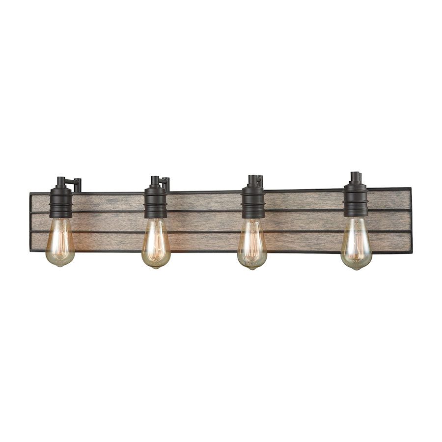 Brookweiler 4 Light Vanity in Oil Rubbed Bronze with Washed Wood Backplate