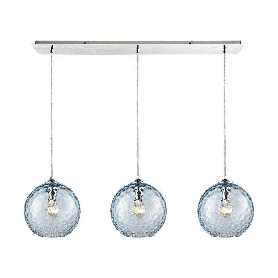 Watersphere 3 Light Linear Pan Fixture in Polished Chrome with Aqua Hammered Glass