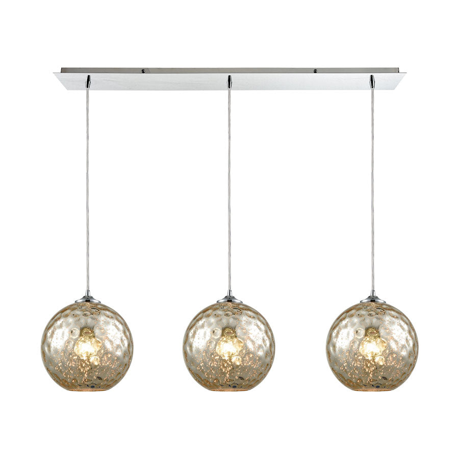 Watersphere 3 Light Linear Pan Fixture in Polished Chrome with Mercury Hammered Glass