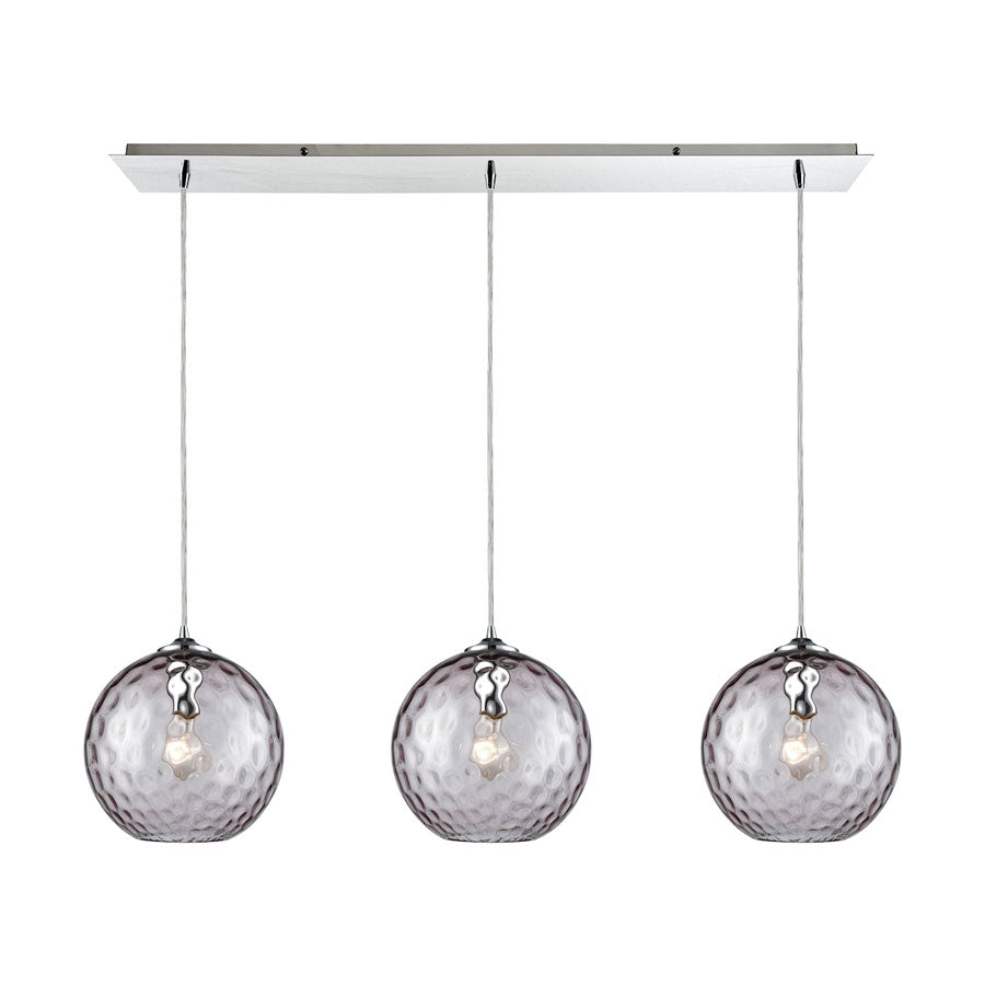 Watersphere 3 Light Linear Pan Fixture in Polished Chrome with Purple Hammered Glass