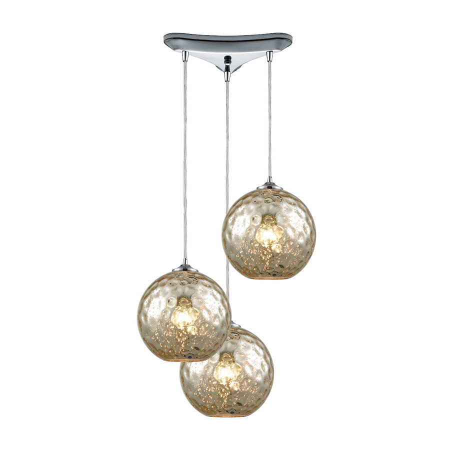 Watersphere 3 Light Triangle Pan Fixture in Polished Chrome with Mercury Hammered Glass