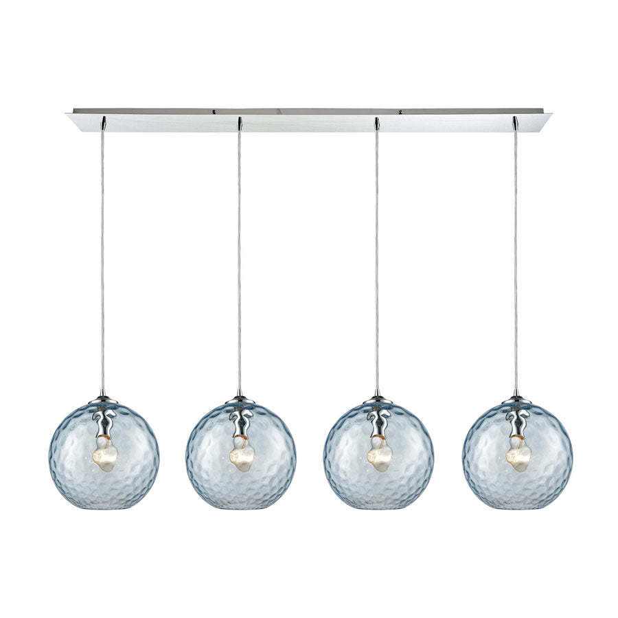 Watersphere 4 Light Linear Pan Fixture in Polished Chrome with Aqua Hammered Glass