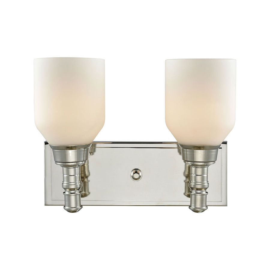 Baxter 2 Light Vanity in Polished Nickel with Opal White Glass