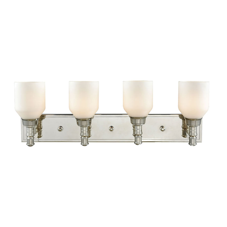 Baxter 4 Light Vanity in Polished Nickel with Opal White Glass