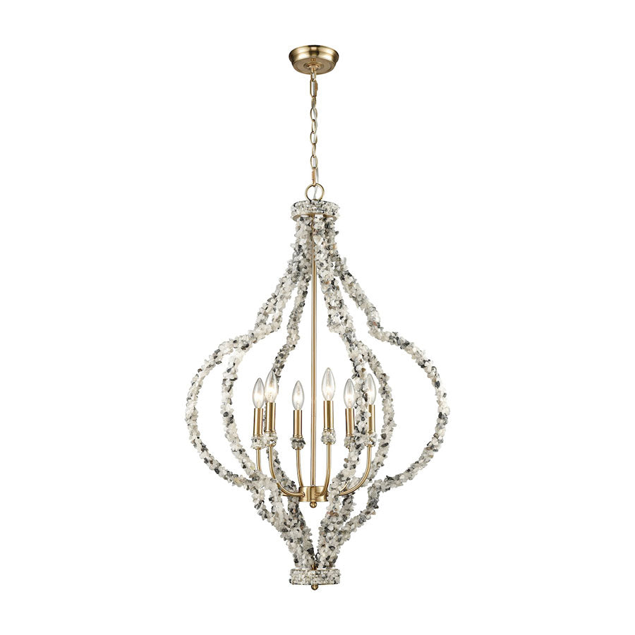 Agate Stones 6 Light Chandelier in Satin Brass with Agate Stone Wrapped Frame