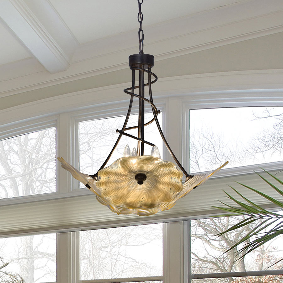 Beige Feather 25"W 4-Light Hand Blown Art Glass Hanging Fixture