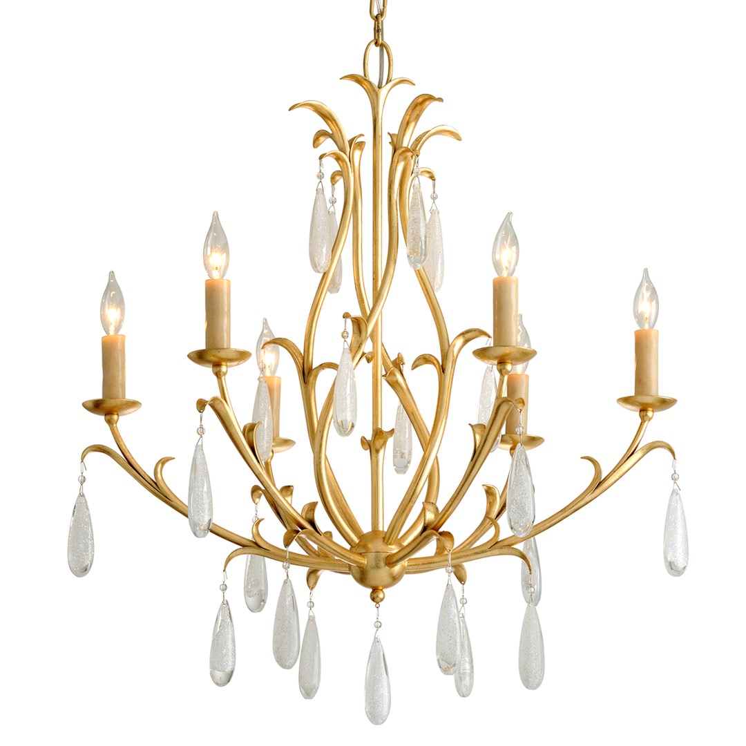 6 Light Quartz Crystal Gold Leaf Chandelier