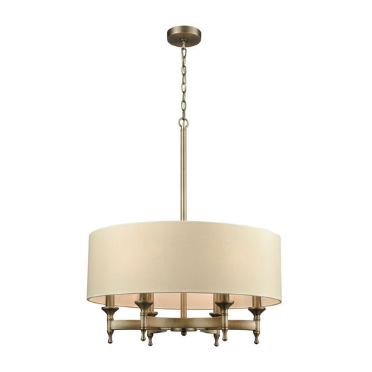 Pembroke 6 Light Chandelier in Brushed Antique Brass with A Light Tan Fabric Shade