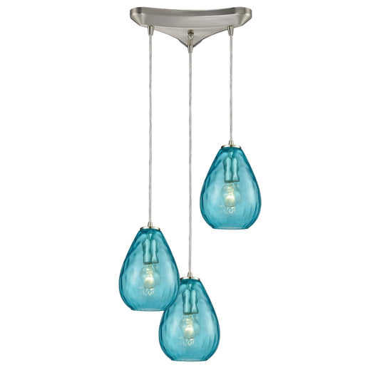 Lagoon 3-Light Triangle Pan in Satin Nickel with Aqua Water Glass Pendant