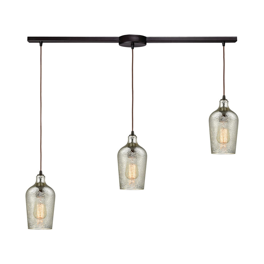 Hammered Glass 3 Light Linear Bar Fixture in Oil Rubbed Bronze with Hammered Mercury Glass