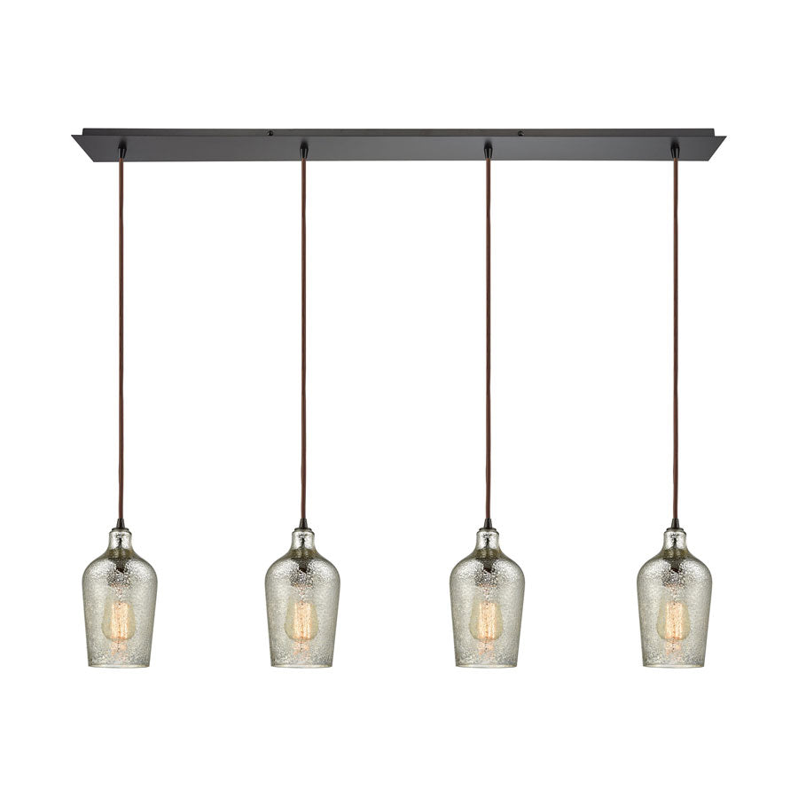 Hammered Glass 4 Light Linear Pan Fixture in Oil Rubbed Bronze with Hammered Mercury Glass