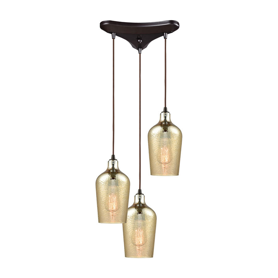 Hammered Glass 3 Light Triangle Pan Fixture in Oil Rubbed Bronze with Hammered Amber Plated Glass