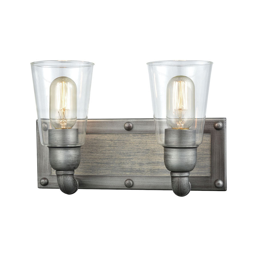 Platform 2 Light Vanity in Weathered Zinc with Washed Wood and Clear Glass