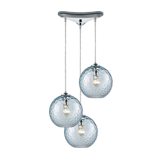 Watersphere 3 Light Triangle Pan Fixture in Polished Chrome with Aqua Hammered Glass