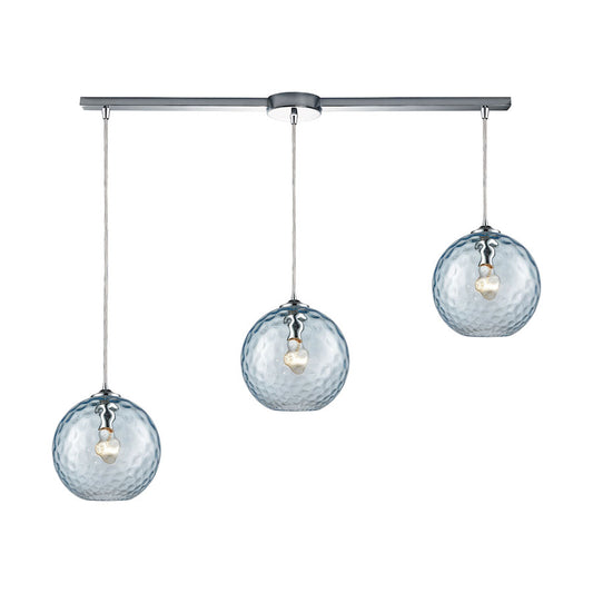 Watersphere 3 Light Linear Bar Fixture in Polished Chrome with Aqua Hammered Glass