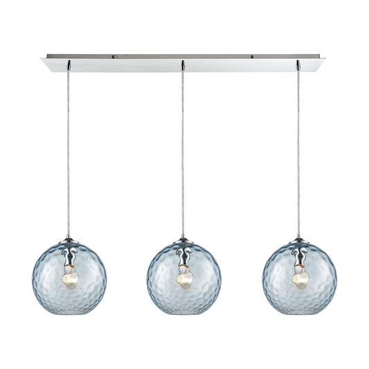 Watersphere 3 Light Linear Pan Fixture in Polished Chrome with Aqua Hammered Glass