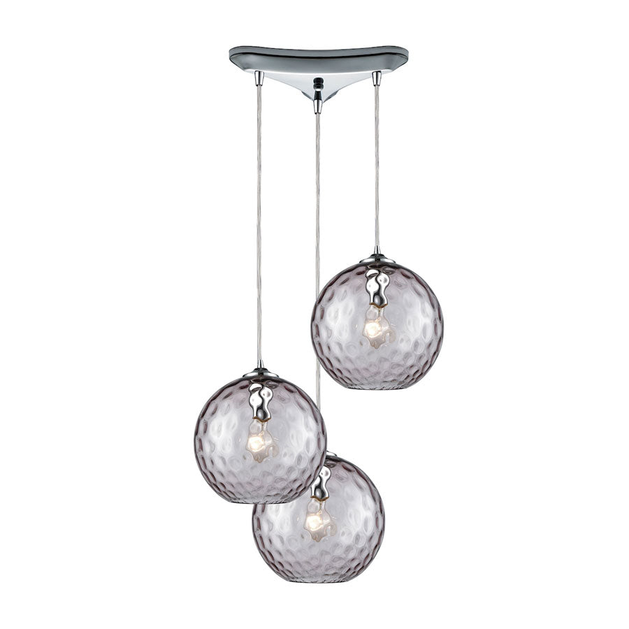 Watersphere 3 Light Triangle Pan Fixture in Polished Chrome with Purple Hammered Glass