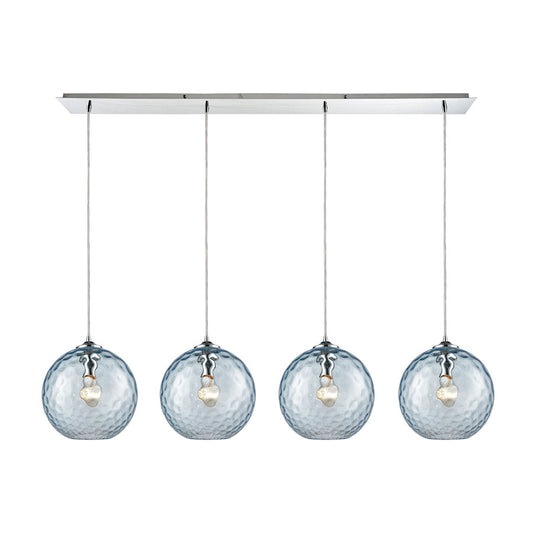 Watersphere 4 Light Linear Pan Fixture in Polished Chrome with Aqua Hammered Glass