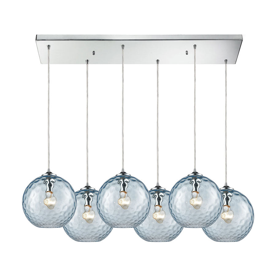Watersphere 6 Light Rectangle Fixture in Polished Chrome with Aqua Hammered Glass