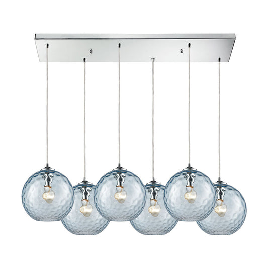 Watersphere 6 Light Rectangle Fixture in Polished Chrome with Aqua Hammered Glass