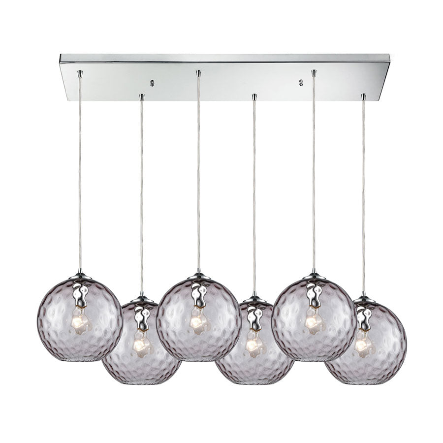 Watersphere 6 Light Rectangle Fixture in Polished Chrome with Purple Hammered Glass