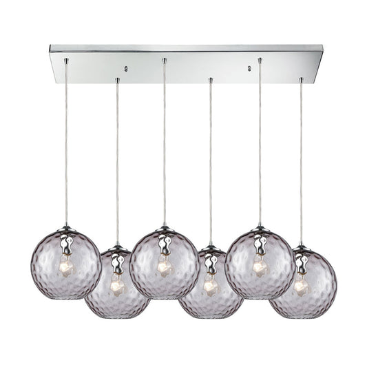 Watersphere 6 Light Rectangle Fixture in Polished Chrome with Purple Hammered Glass