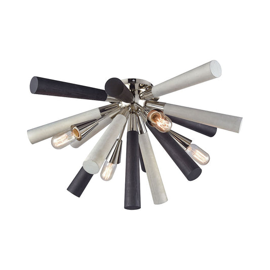 Solara 4 Light Semi Flush in Polished Nickel with Washed Gray Wood Spindles