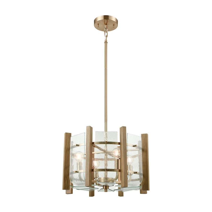 Vindalia 4 Light Chandelier in Satin Brass with Wood Slats and Curved Glass