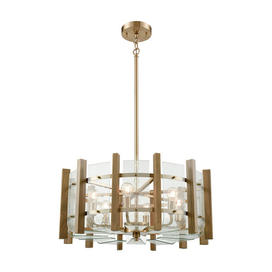 Vindalia 6 Light Chandelier in Satin Brass with Wood Slats and Curved Glass