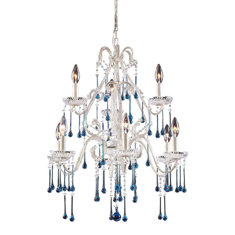 Opulence Collection - 9 Light Aqua Crystals Antique White Frame