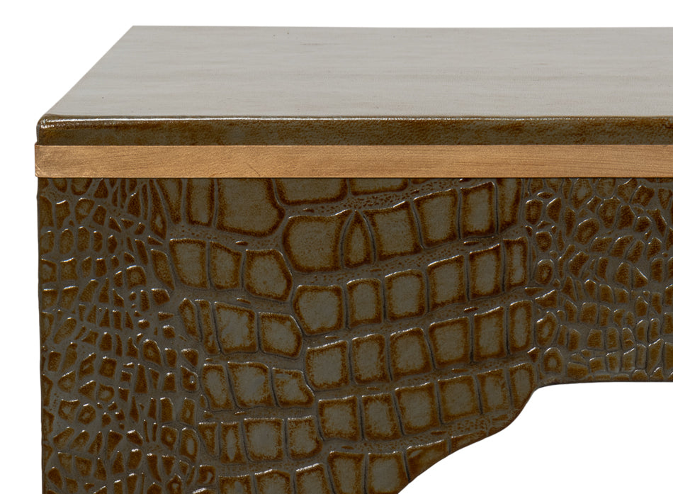 Croco Embossed Leather Stool Ant. Green