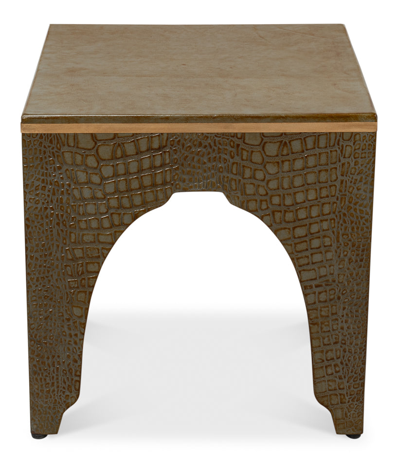 Croco Embossed Leather Stool Ant. Green