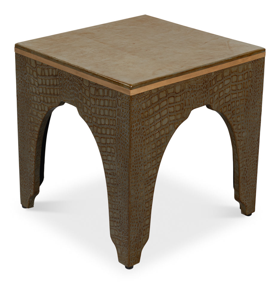 Croco Embossed Leather Stool Ant. Green