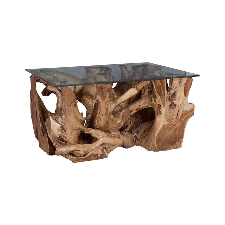 TEAK ROOT COFFEE TABLE WITH GLASS TOP