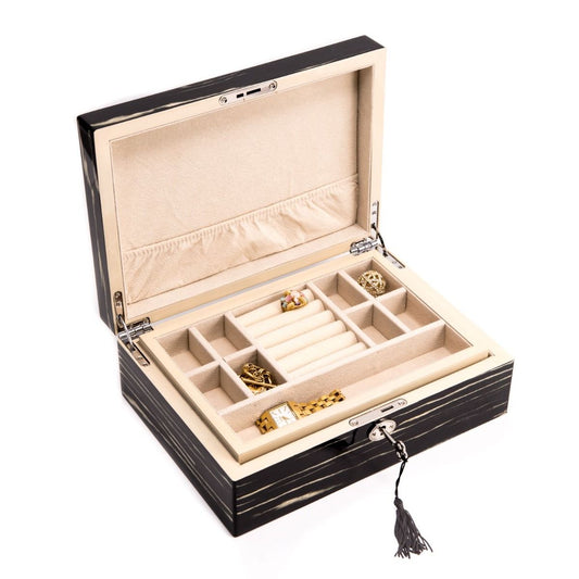 Lacquered "Ebony" Wood Jewelry Box with Valet Tray and Key Lock.