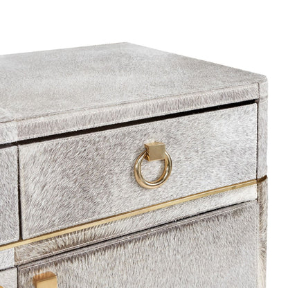 3-DRAWER & 4-DOOR CABINET, GRAY HAIR ON HIDE
