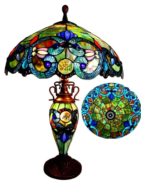 "DEMETRA AURORA" Tiffany-style 3 Light Victorian Double Lit Table Lamp 18" Shade