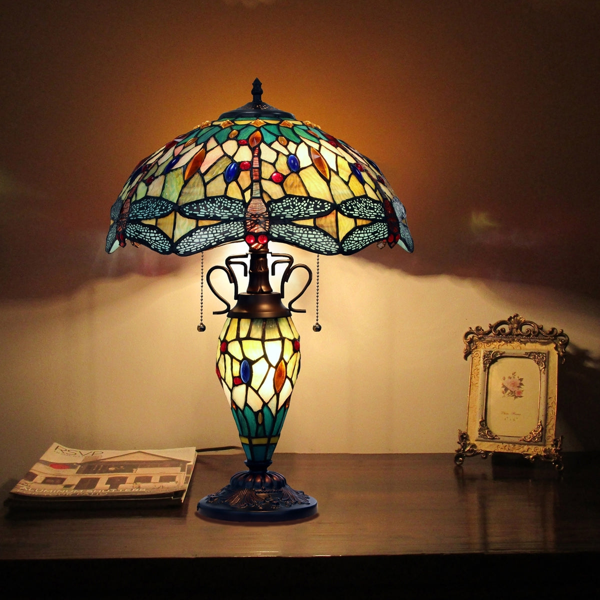 EMPRESS Tiffany-style Dark Bronze 3 Light Double Lit Table Lamp 16" Shade