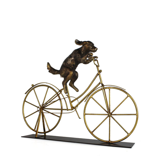 METAL 14"H DOG ON BICYCLE DECOR, GOLD