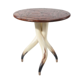 Faux Steer Horn Side Table with Wood Parquetry Top