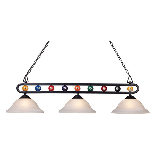 Billiard Motif 3-Light Island Light in Matte Black with Alabaster Swirl Glass